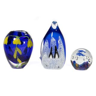 Cobalt Art Glass Vase and Paperweights