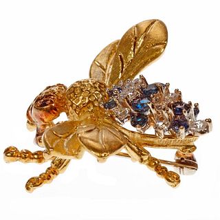Diamond, sapphire & 18k gold bee brooch