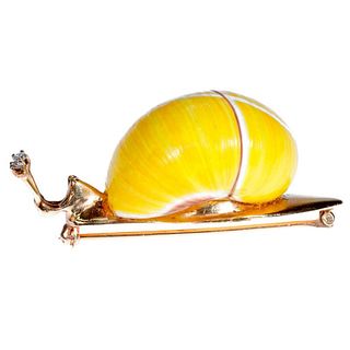 14k gold, diamond and shell snail brooch