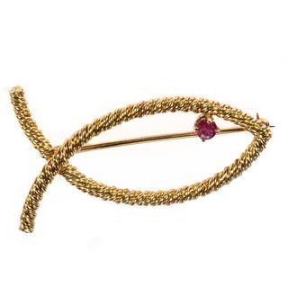 18k gold and ruby fish brooch