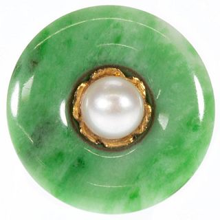Jade, cultured pearl and 22k gold ring