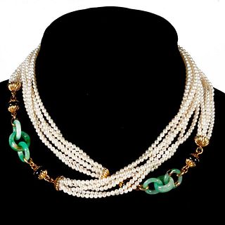 Cultured pearl, jade and 14k gold sautoir necklace