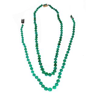 Two emerald bead and 14k white gold necklaces