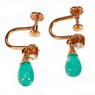 Antique emerald, diamond, 14k gold screwback earrings