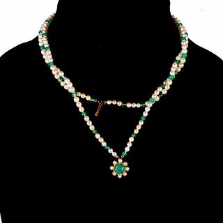 Emerald, cultured pearl, 18k gold double strand necklace