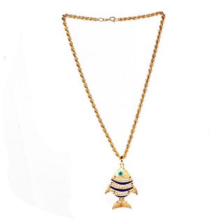 18k gold and enamel fish pendant with chain