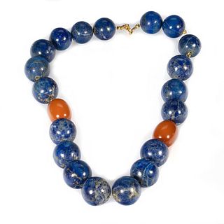 Lapis lazuli, amber and 18k gold beaded necklace