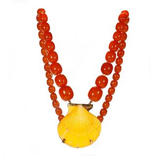 Amber, shell and 18k gold necklace