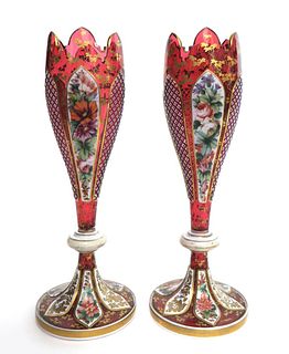 PAIR OF BOHEMIAN OVERLAID CRANBERRY GLASS VASES, 19TH C