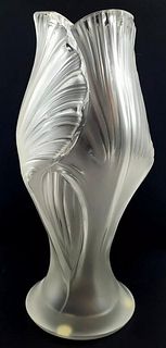 A French LALIQUE Art Glass Crystal Iris Vase, Signed