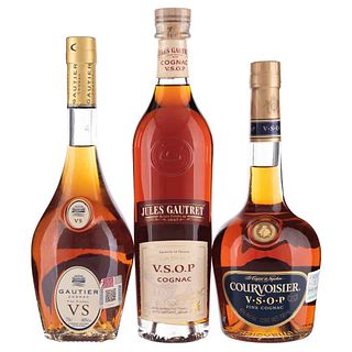 Cognac. Jules Gautret. V.S.O.P. and V.S. Courvoisier. V.S. Pieces: 3. | Cognac. Jules Gautret. V.S.O.P. y V.S. Courvoisier. V.S. Total de piezas: 3.