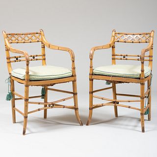 Pair of Regency Style Faux Bamboo Painted Armchairs