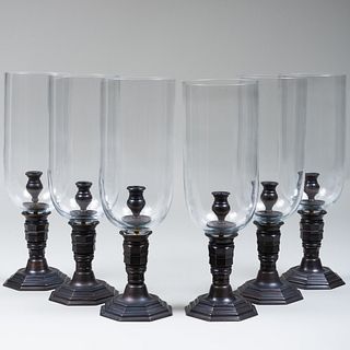 Set of Six Patinated Metal and Glass Photophores