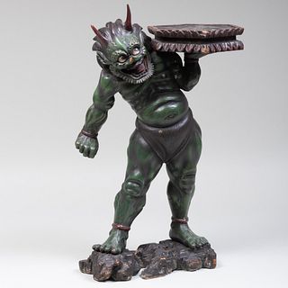 Japanese Carved and Polychrome Wood Stand in the Form of an Oni