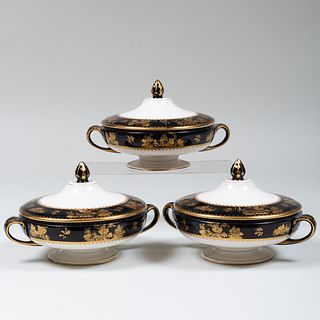 Set of Three Booth's Black Ground Porcelain Vegetable Dishes and Covers 