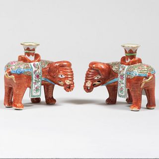 Pair of Chinese Export Porcelain Elephant Form Candle Holders