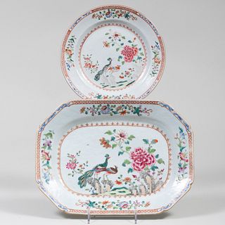 Chinese Export Famille Rose Porcelain Plate and a Platter in the 'Double Peacock' Pattern