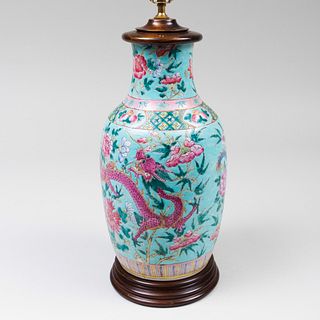 Chinese Turquoise Ground Porcelain Baluster Vase Mounted as a Lamp