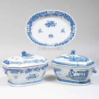 Two Chinese Blue and White Tureens and Covers and a Platter
