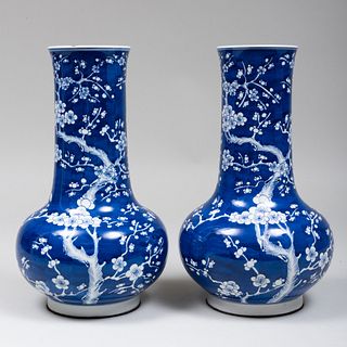 Pair of Large Chinese Blue and White Porcelain Bottle Vases