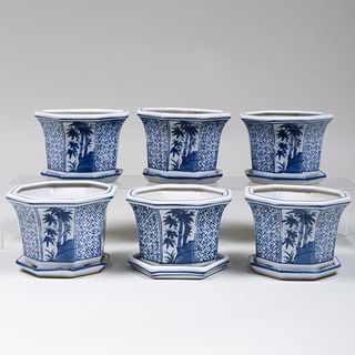Set of Six Chinese Blue and White Porcelain Jardinères and Underplates