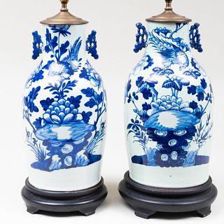 Two Chinese Blue and White Porcelain Vases Mounted as Lamps