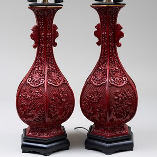 Pair of Chinese Cinnabar Style Composite Lamps