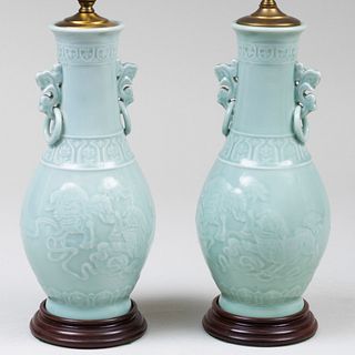 Pair of Chinese Archaistic Celadon Porcelain Vases Mounted as Lamps