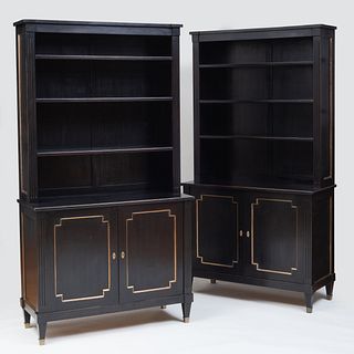 Pair of Modern Brass-Mounted Black Painted Bookcases