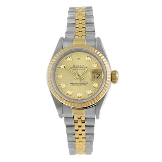 ROLEX - a lady's Oyster Perpetual Datejust bracelet watch. Stainless steel case with yellow metal fl