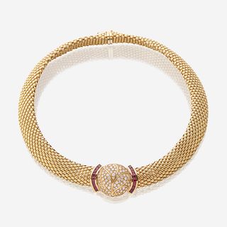 An eighteen karat gold, diamond, and ruby necklace