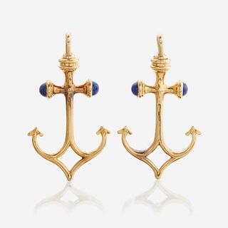 A pair of eighteen karat gold and lapis lazuli pendant/brooches