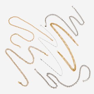 A collection of six fourteen karat gold necklaces