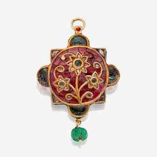 A high karat gold, Jaipur enamel, diamond, emerald, and ruby pendant
