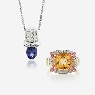A gem-set and diamond ring and pendant