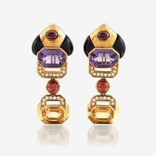 A pair of eighteen karat gold and gem-set ear pendants