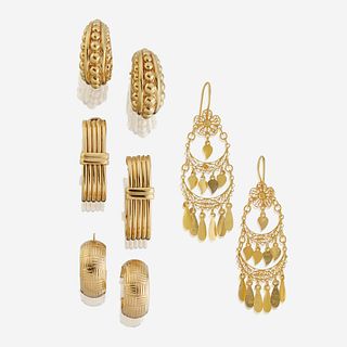 A collection of four pairs of eighteen karat gold earrings