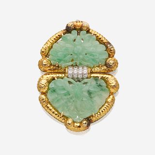 An eighteen karat gold, jade, and diamond pendant/brooch, Keil