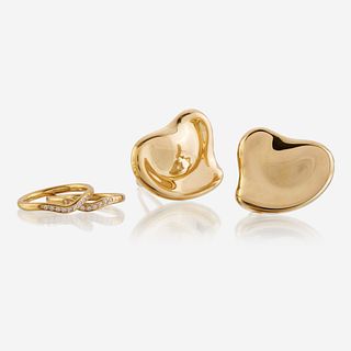 A pair of eighteen karat gold earrings, together with two diamond and eighteen karat gold rings, Tiffany & Co. Elsa Peretti, Spain