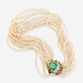 A cultured pearl, jade, diamond, and gold necklace