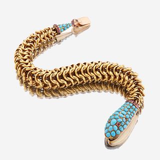 A Victorian fourteen karat gold, turquoise, and ruby bracelet