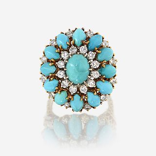 A turquoise, diamond, and eighteen karat gold ring