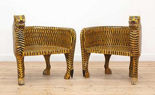 A pair of carved wooden papier mâché and painted chairs,