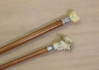 Two Victorian malacca walking sticks,