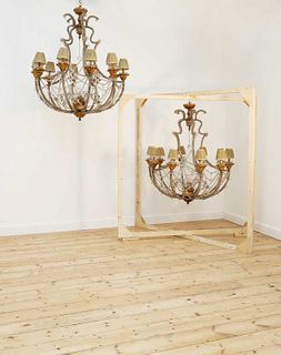 A pair of large beaded glass and giltwood ten-light chandeliers,