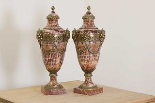 A pair of ormolu-mounted brèche rouge marble garniture urns,