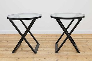 A pair of modern black-painted wood and glass side tables,