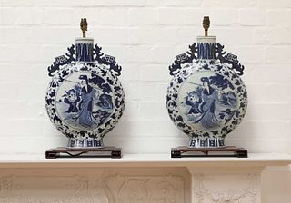 A pair of Chinese blue and white moon flask table lamps,