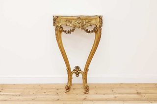 A giltwood and veined marble-topped console table,