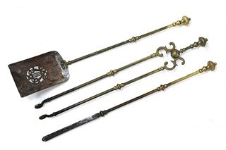 A set of George III brass fire irons,